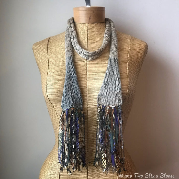Tan Tweed Skinny Scarf w/Fringe