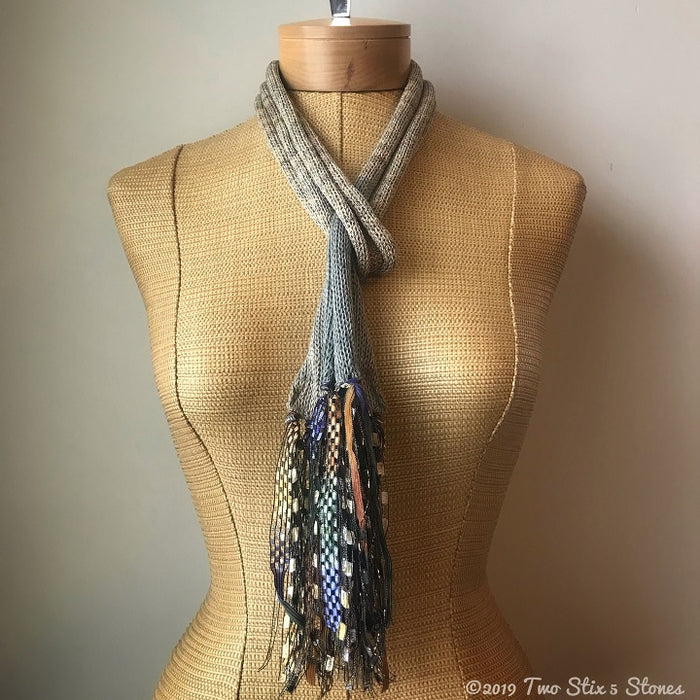 Tan Tweed Skinny Scarf w/Fringe