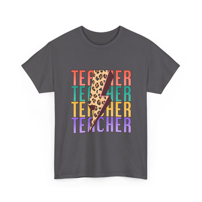 Teacher Lightning Bolt Graphic Tee -  Colorful Leopard Print Teacher Shirt