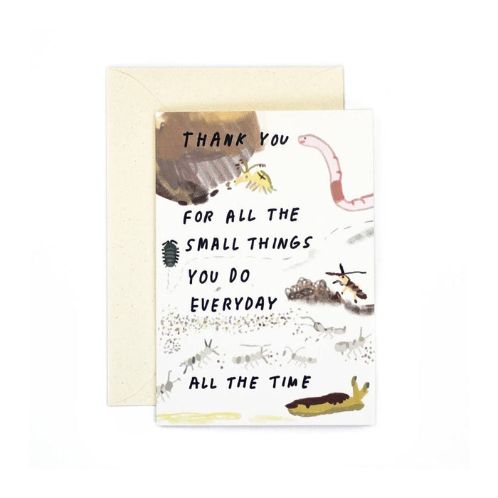 Greeting card with illustrations of insects and a thank-you message.