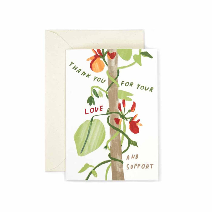 Greeting card with a tree illustration and Thank You For Your Love And Support text on a white background